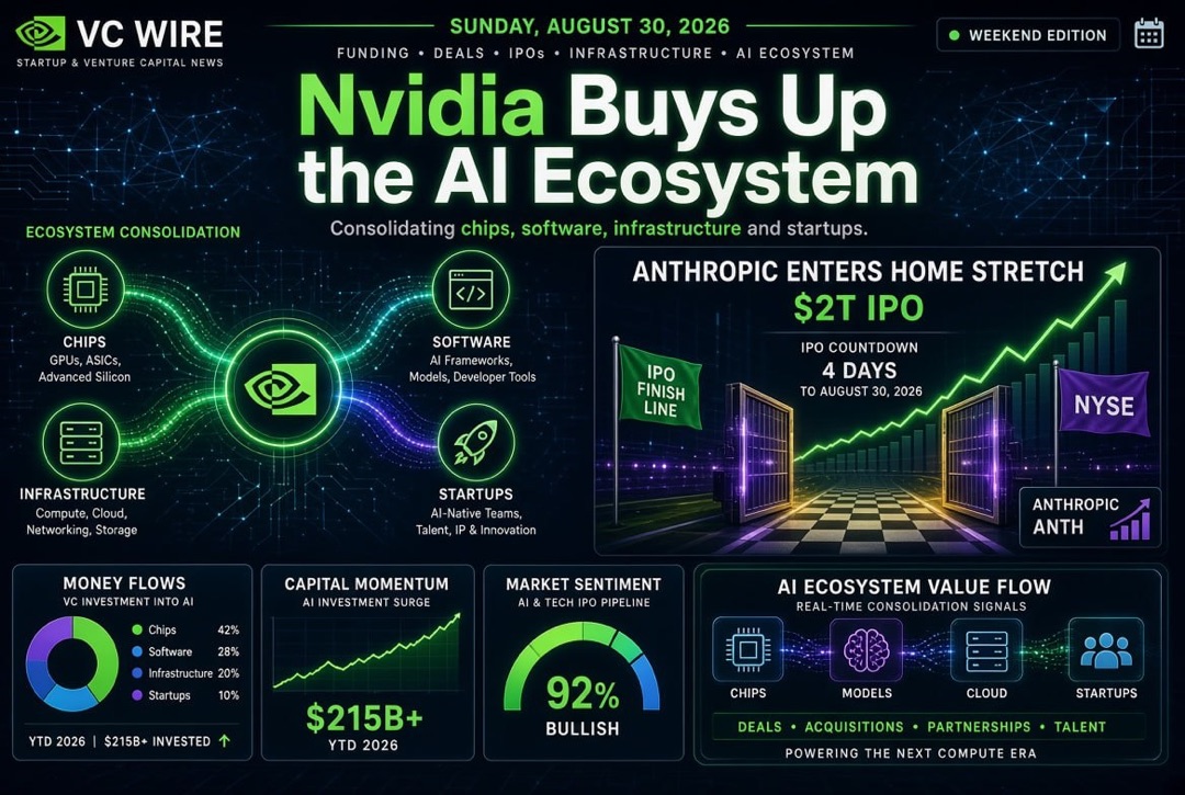 创业公司和风险投资新闻 — 2026年8月30日：Nvidia收购人工智能生态系统，Anthropic在2万亿美元的首次公开募股前冲刺