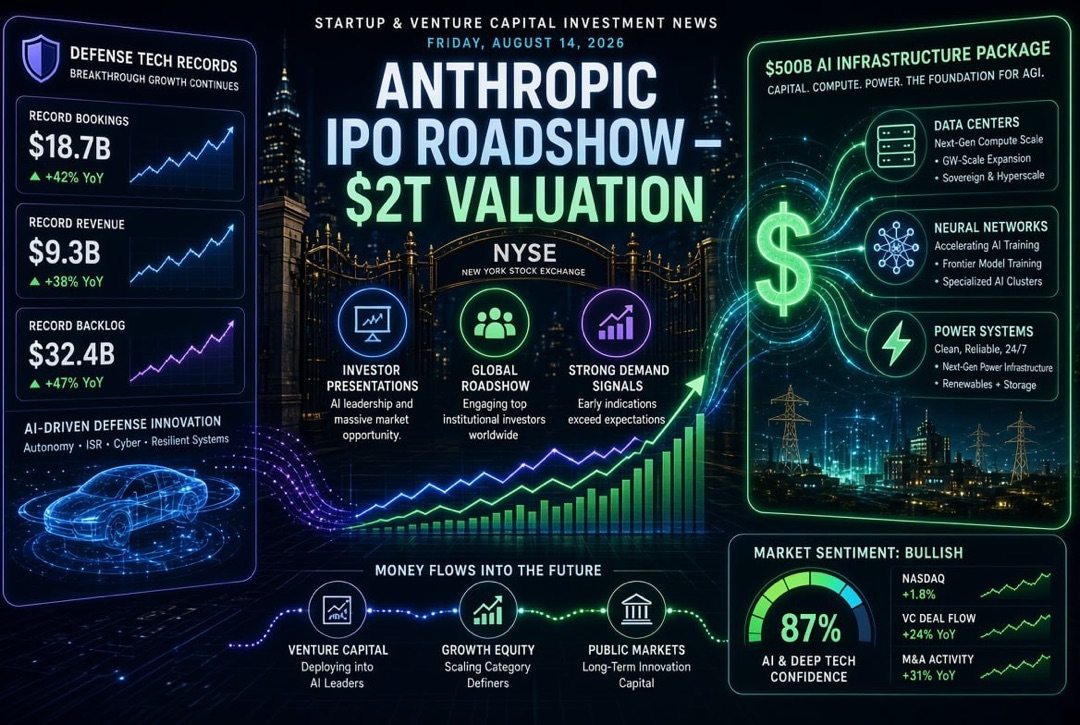 创业公司和风险投资新闻 - 2026年8月14日：Anthropic以2万亿美元进行的IPO路演、AI基础设施的5000亿美元投资和国防科技的记录