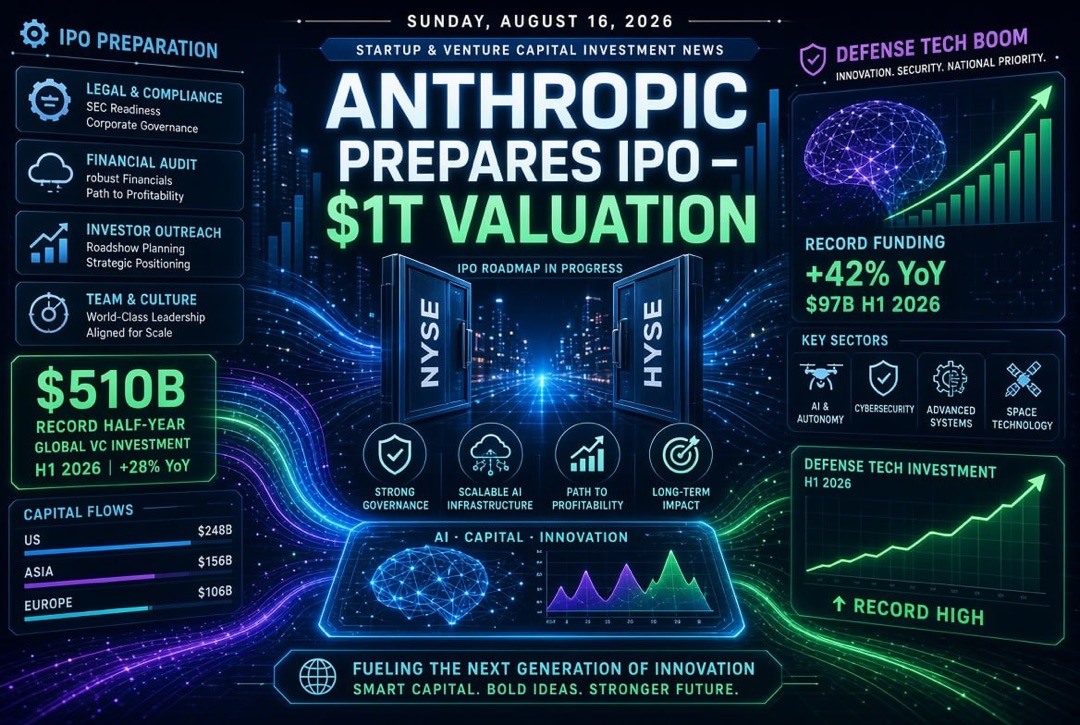 初创企业和风险投资新闻 — 星期天, 2026年8月16日：Anthropic准备进行1万亿美元IPO，上半年创纪录的5100亿美元与国防技术热潮