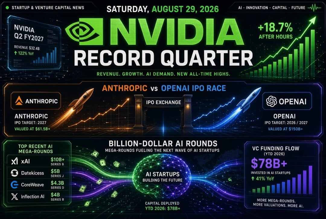 初创企业和风险投资新闻——2026年8月29日：Nvidia的创纪录季度，Anthropic和OpenAI的IPO竞赛与数十亿的AI融资