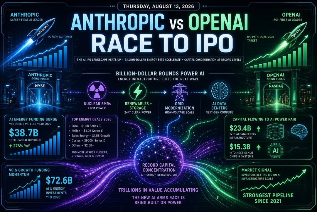 创业和风险投资新闻 - 2026年8月13日：Anthropic和OpenAI的上市竞赛，针对AI的能源亿万美元融资和创纪录的资本集中