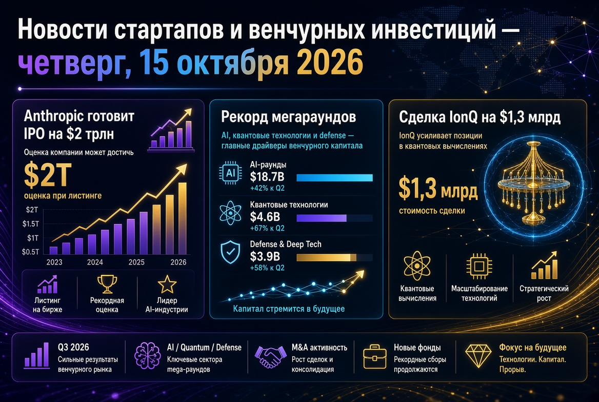 创业与风险投资的新闻 — 2026年10月15日：Anthropic准备进行2万亿美元的IPO，创纪录的巨额融资及IonQ价值13亿美元的交易