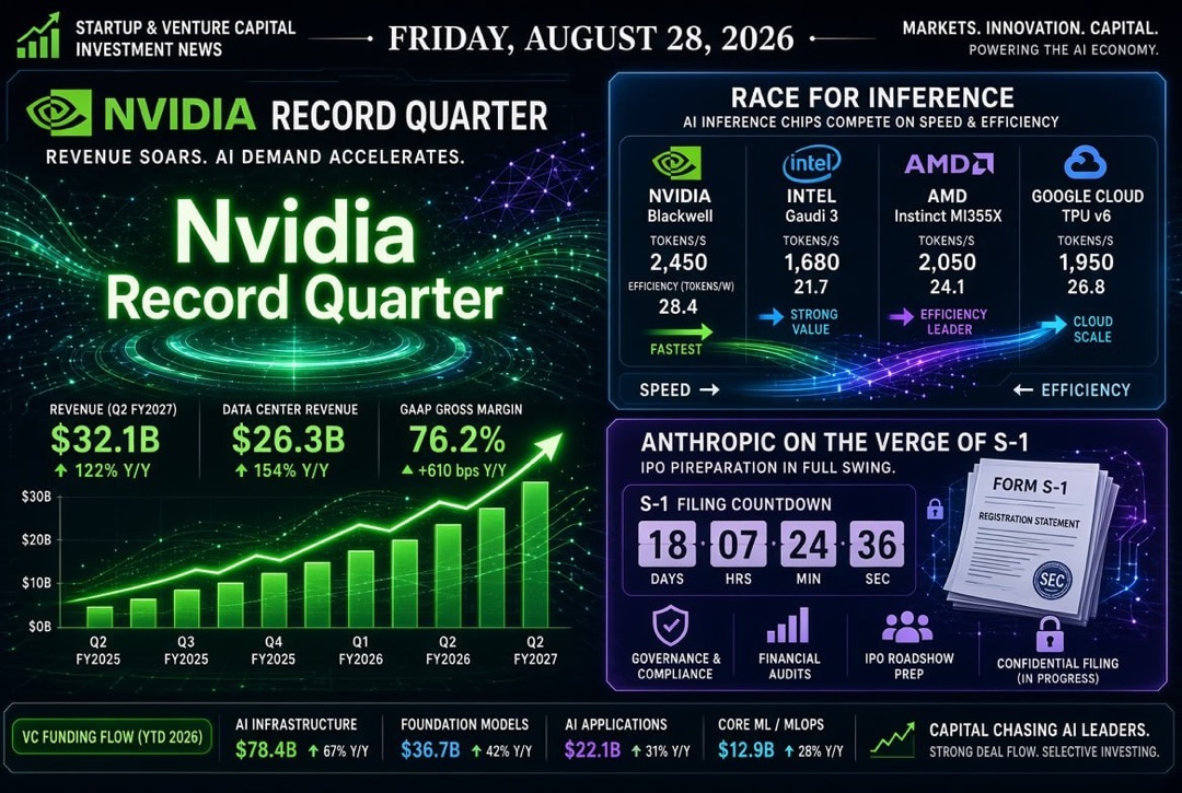 创业和风险投资新闻 - 2026年8月28日：Nvidia创纪录的季度业绩、推理竞赛和Anthropic即将公开的S-1