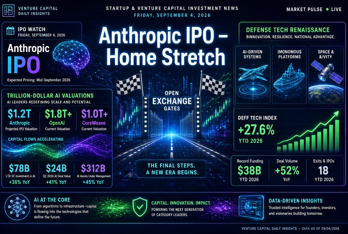 初创企业和风险投资新闻 — 2026年9月4日：Anthropic IPO冲刺、万亿人工智能估值与防御技术复兴