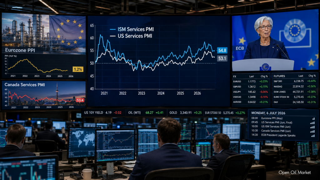 2026年7月6日的经济日历：美国ISM服务PMI、欧元区PPI、加拿大PMI、欧洲央行行长克里斯蒂娜·拉加德的演讲及投资者反应