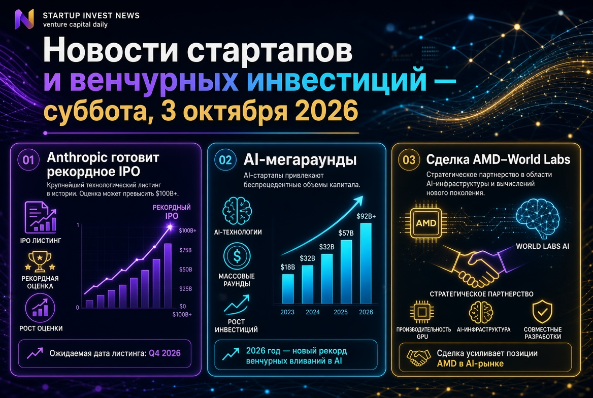 创业和风险投资新闻 — 2026年10月3日星期六：Anthropic准备创纪录的IPO、大规模AI融资轮和AMD–World Labs的交易