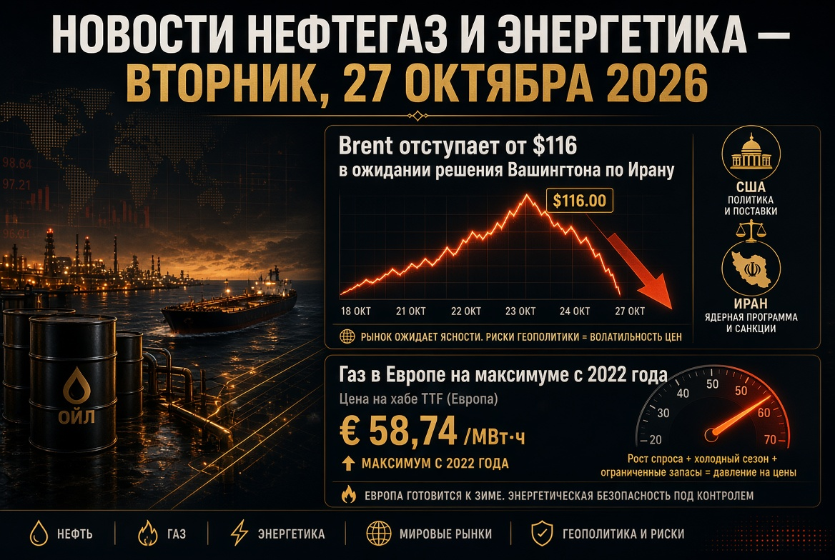 石油天然气与能源新闻 — 2026年10月27日星期二：布伦特原油跌破116美元，市场关注华盛顿对伊朗的决策，欧洲天然气价格达到2022年最高点