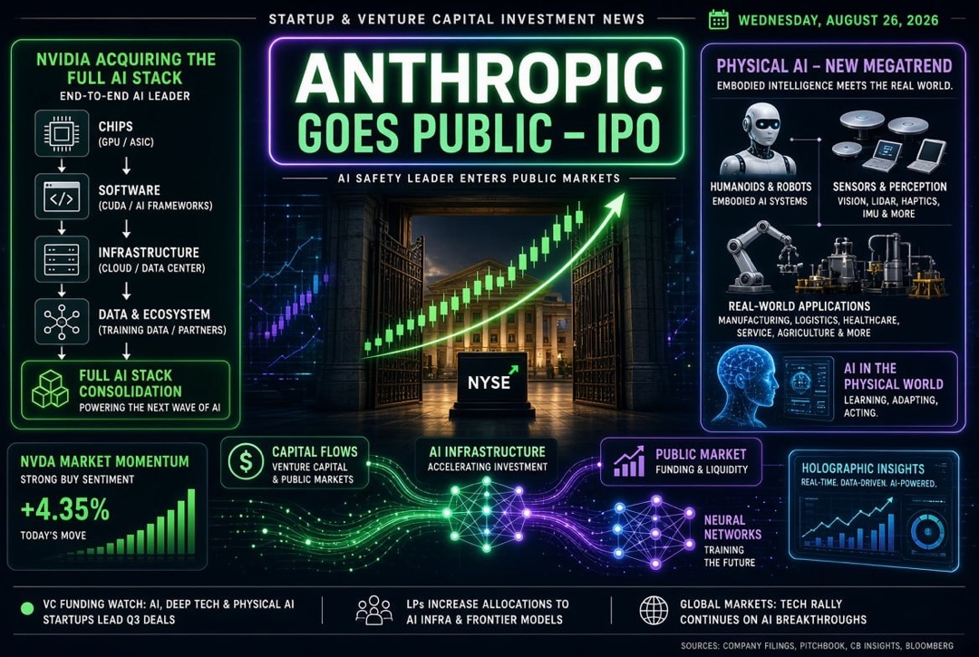 初创企业和风险投资新闻 — 2026年8月26日星期三：Anthropic的IPO，Nvidia收购AI堆栈，物理人工智能成为新的超级趋势。