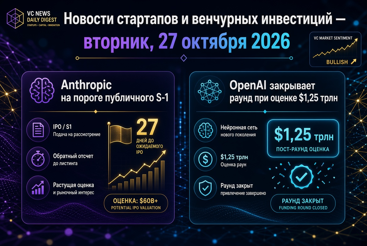 创业和风险投资新闻 — 星期二，2026年10月27日：Anthropic接近公开S-1，OpenAI在1.25万亿美元估值完成融资轮