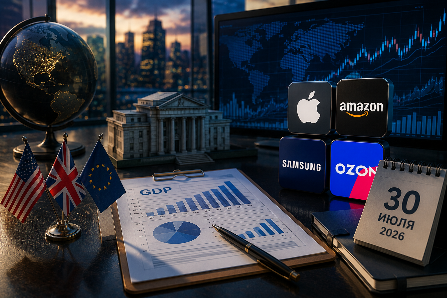 经济事件与公司财报：2026年7月30日周四 - 美国GDP、英国银行决定、苹果、亚马逊、三星和Ozon的财报