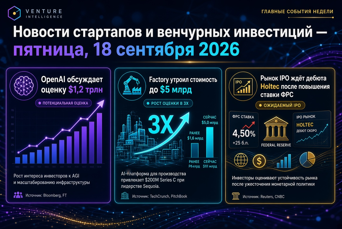 初创企业和风险投资新闻 — 2026年9月18日星期五：OpenAI讨论1.2万亿美元的估值，Factory将估值提升至50亿美元，IPO市场期待Holtec在美联储加息后的首次亮相