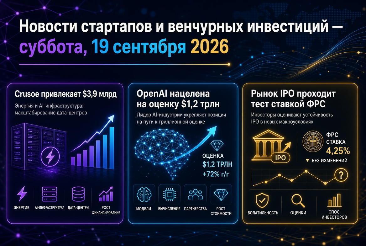初创企业和风险投资新闻 — 2026年9月19日：Crusoe获得39亿美元，OpenAI瞄准1.2万亿美元，IPO市场在美联储利率的考验下。