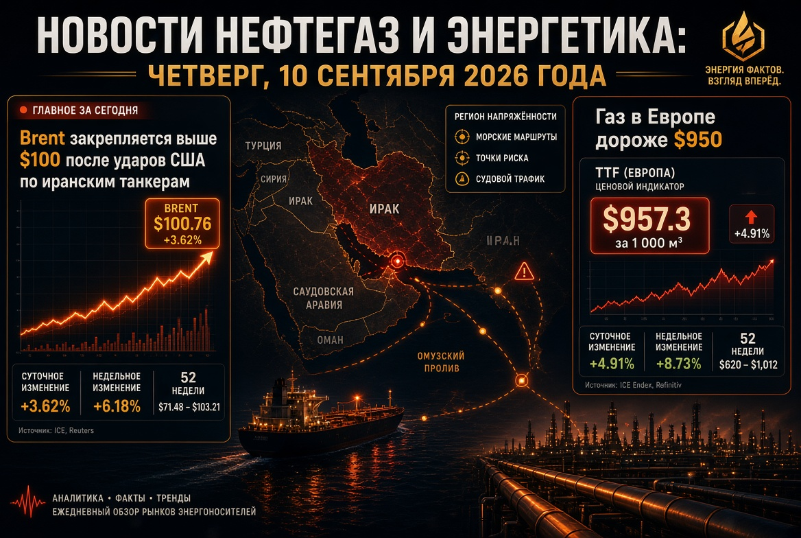油气及能源新闻：2026年9月10日 — 布伦特油价在美国对伊朗油轮攻击后保持在100美元以上，欧洲天然气价格超过950美元